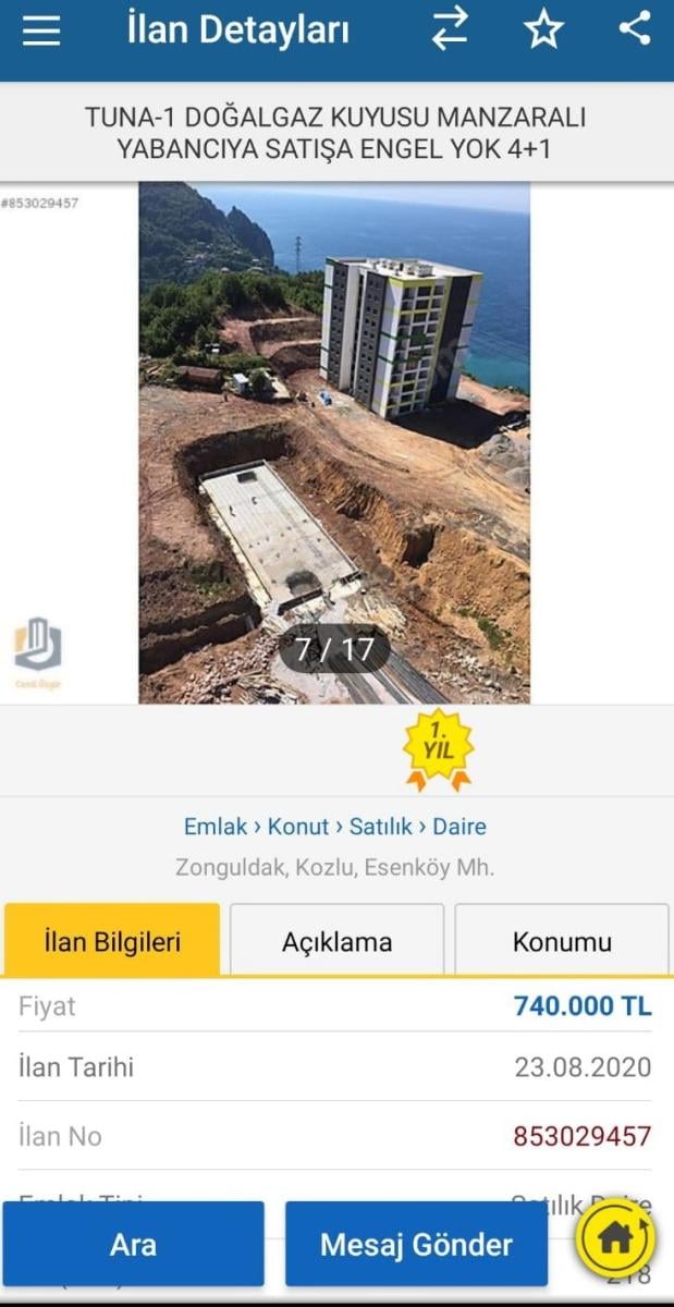 Zonguldak'ta, 'Tuna-1 doğalgaz kuyusu manzaralı' daire satılığa çıktı