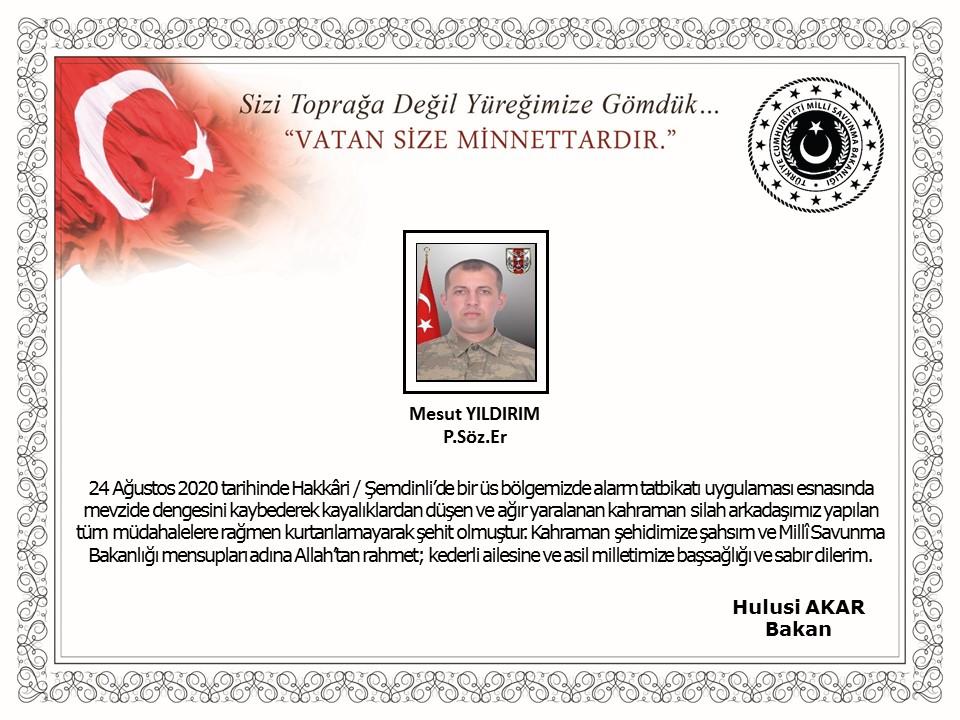 Şemdinli’de kayalıklardan düşen Sözleşmeli Er Mesut Yıldırım şehit oldu