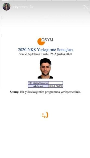 Reynmen lakaplı Yusuf Aktaş, YKS yerleştirme sonucunu paylaştı