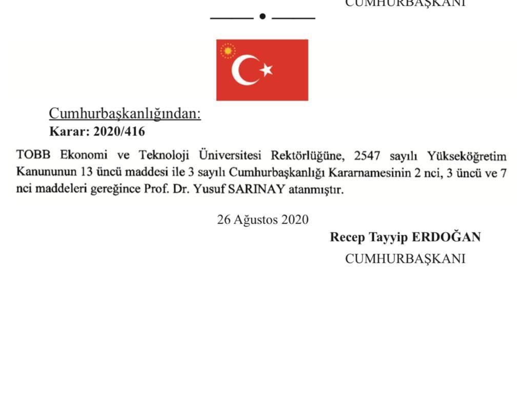 TOBB Ekonomi ve Teknoloji Üniversitesi Rektörü Prof. Dr. Yusuf Sarınay kimdir?
