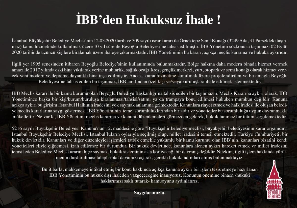 Beyoğlu Belediyesi'nden İBB'ye hukuksuz ihale tepkisi