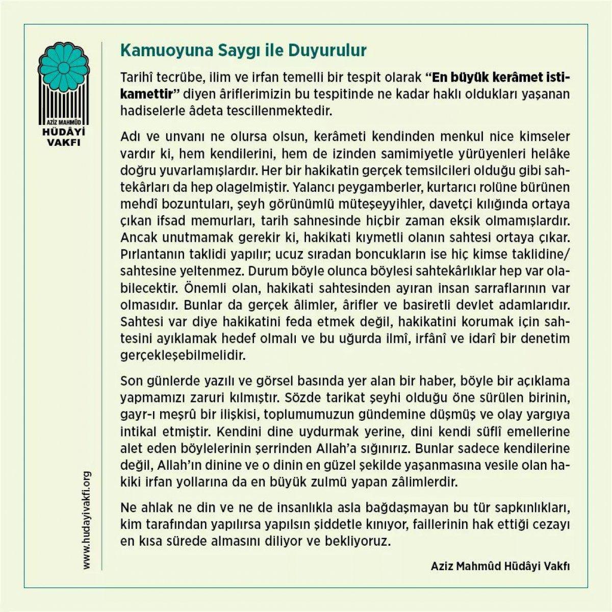 Aziz Mahmud Hüdayi Vakfı'ndan 'sahte şeyh' açıklaması