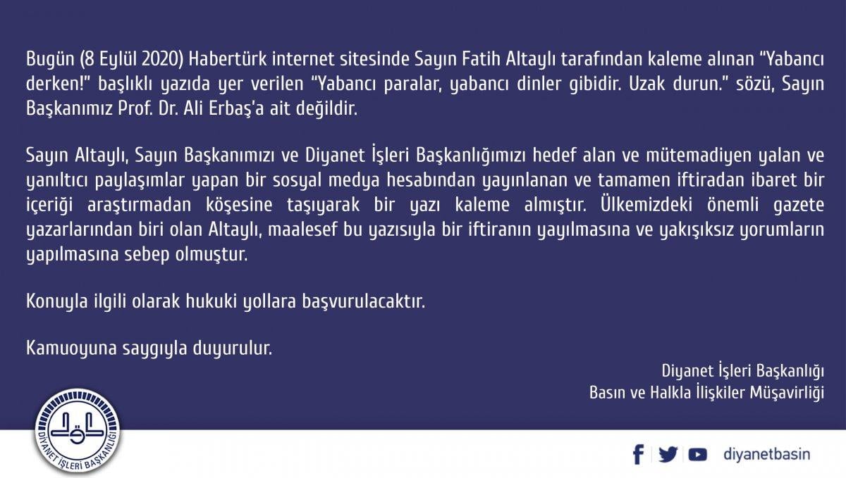 Diyanet İşleri Başkanlığı'ndan Fatih Altaylı'ya dava