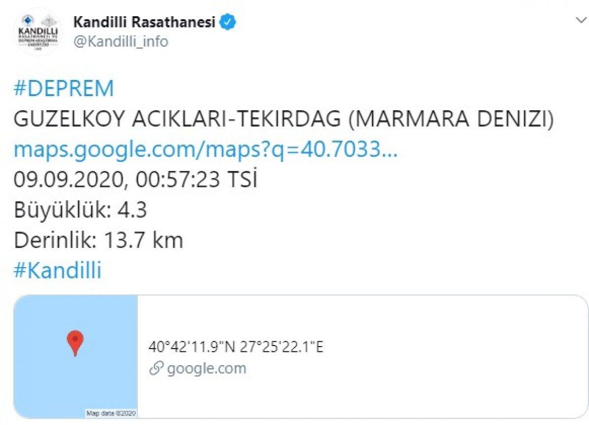 Son Dakika: Tekirdağ'da 4.1 büyüklüğünde deprem meydana geldi