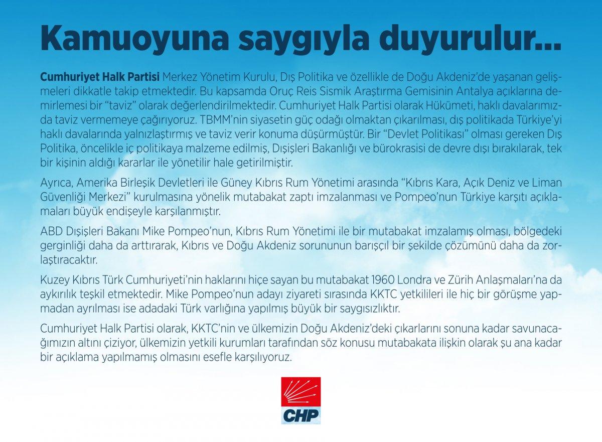 CHP, Oruç Reis'in bakıma alınmasını taviz olarak gördü