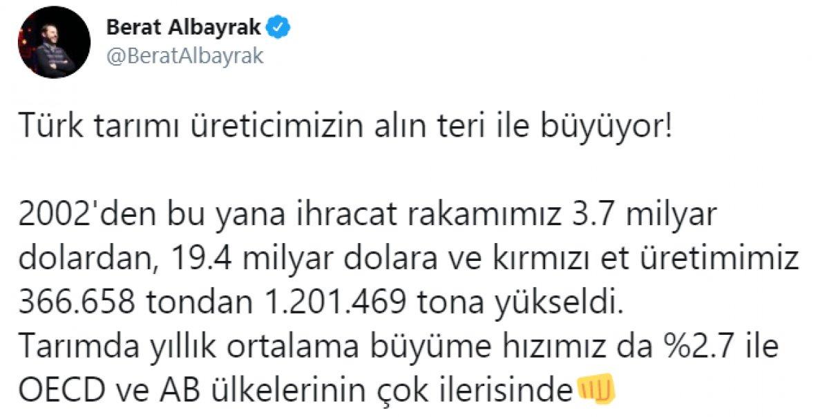 Hazine ve Maliye Bakanı Berat Albayrak, tarımsal üretim verilerini paylaştı