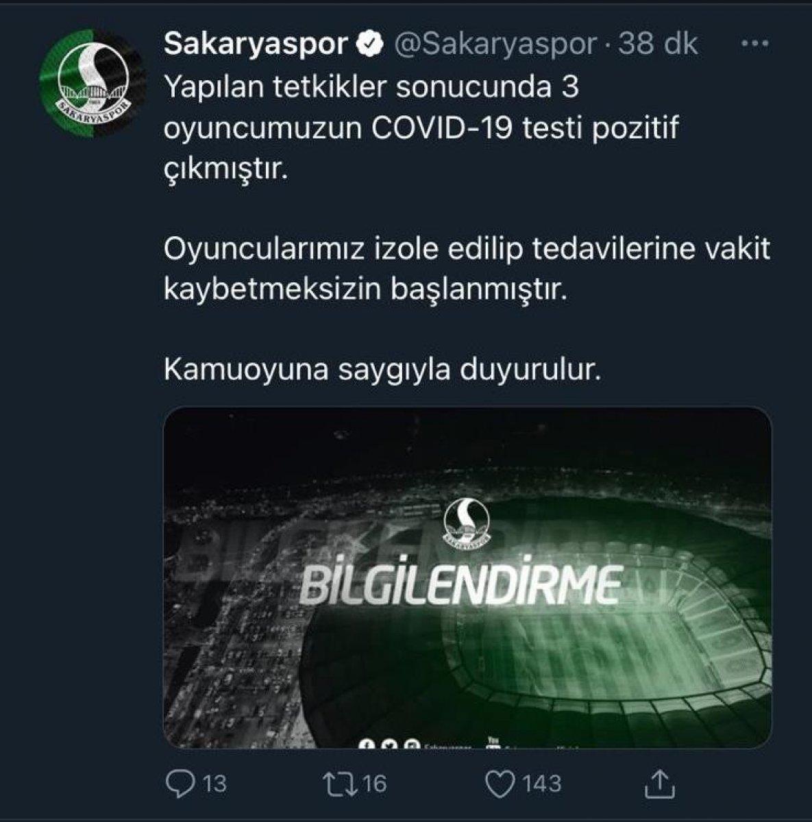 Sakaryaspor'da 3 futbolcunun testi pozitif çıktı