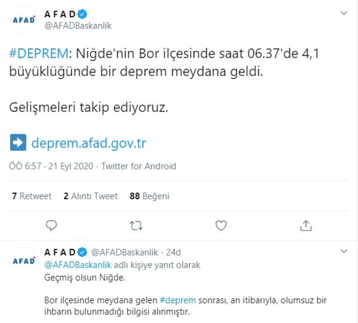 Niğde'nin Bor ilçesinde 4.1 büyüklüğünde bir deprem daha meydana geldi