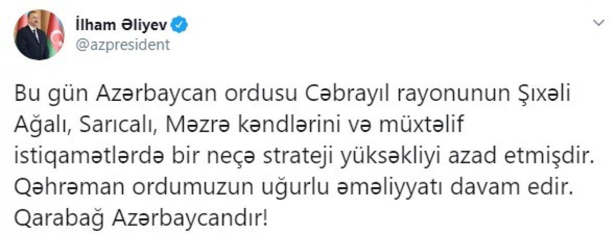 Aliyev: Bir dizi bölgeyi ve stratejik tepeyi kontrol altına aldık