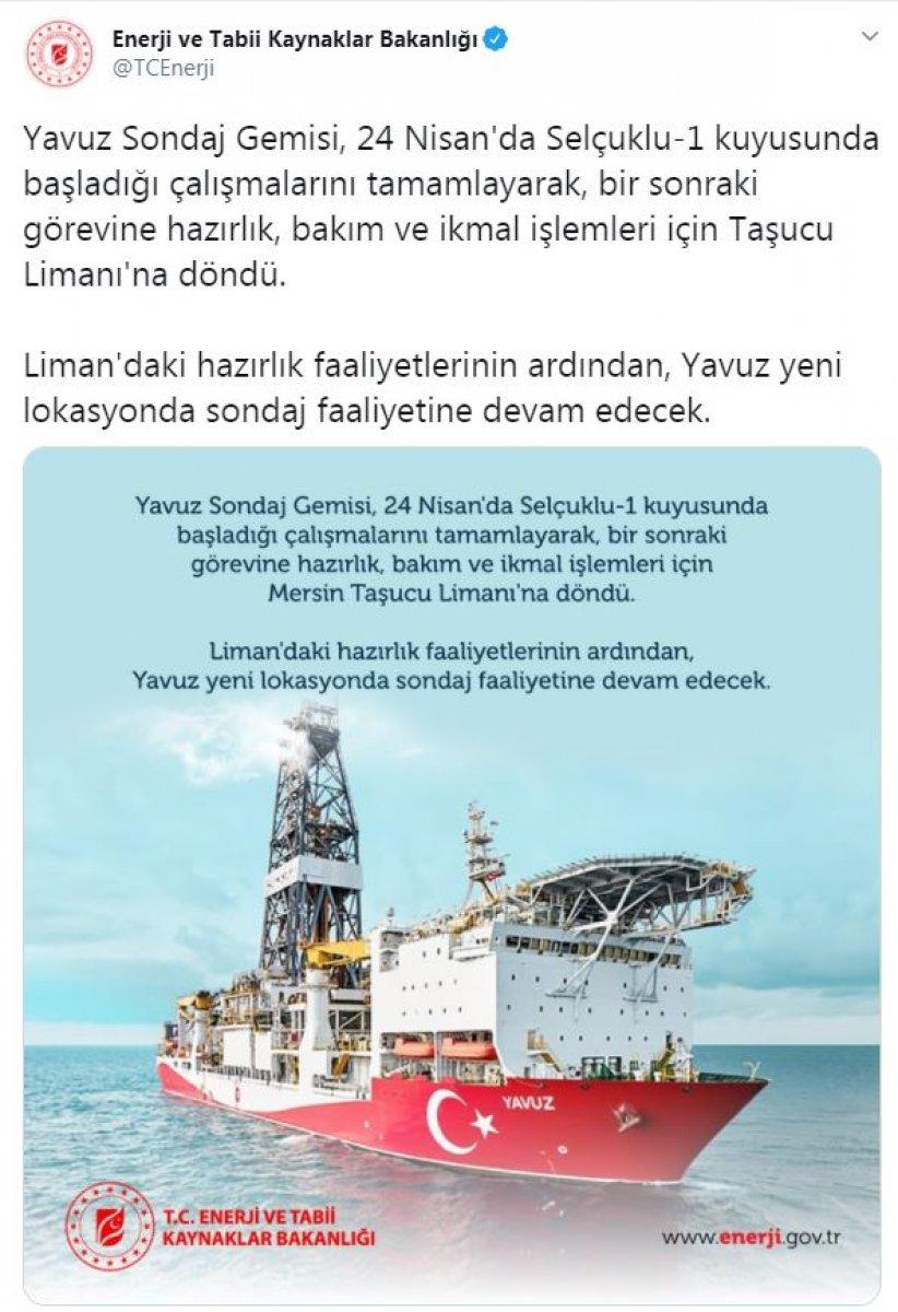 Enerji Bakanlığı: Yavuz yeni lokasyonda sondaj faaliyetine devam edecek