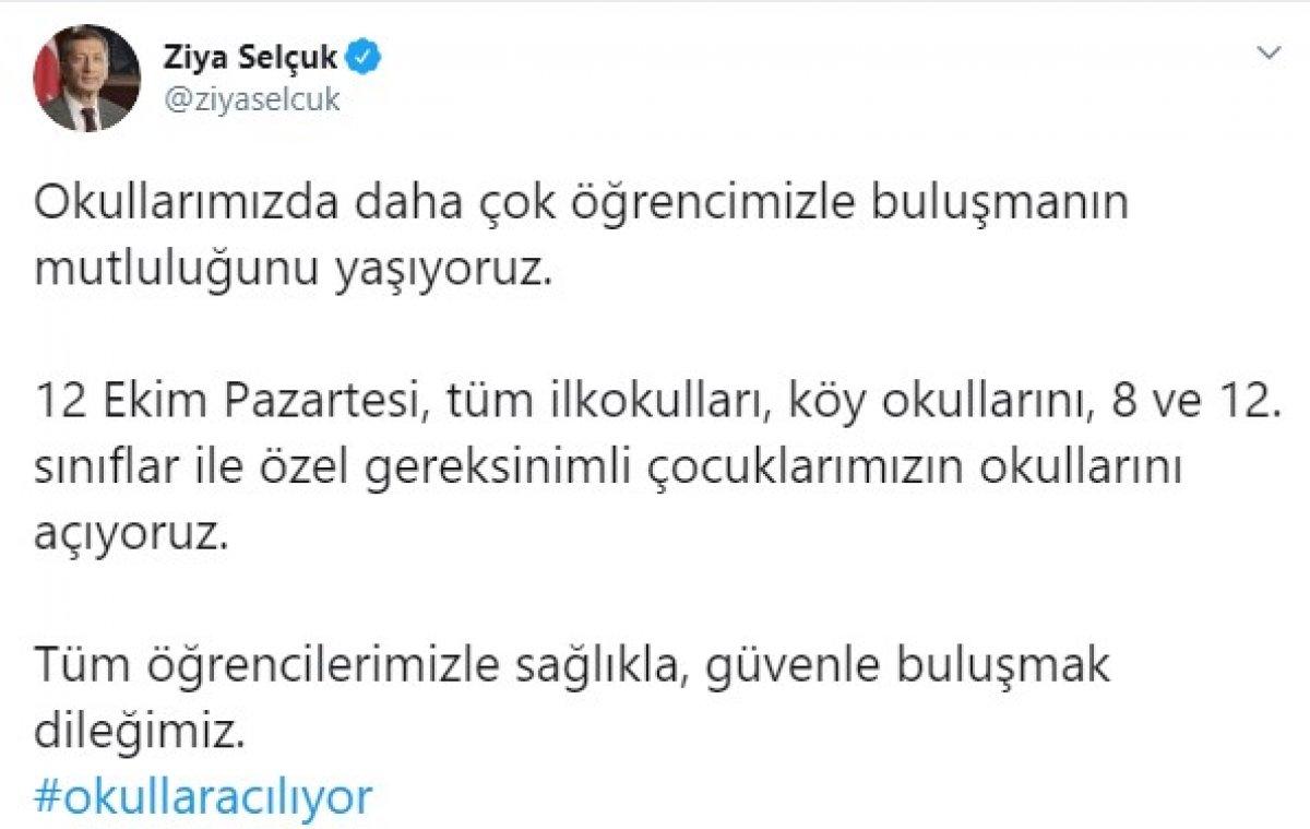 Ziya Selçuk: 12 Ekim'de tüm ilkokul, 8 ve 12. sınıfları açıyoruz