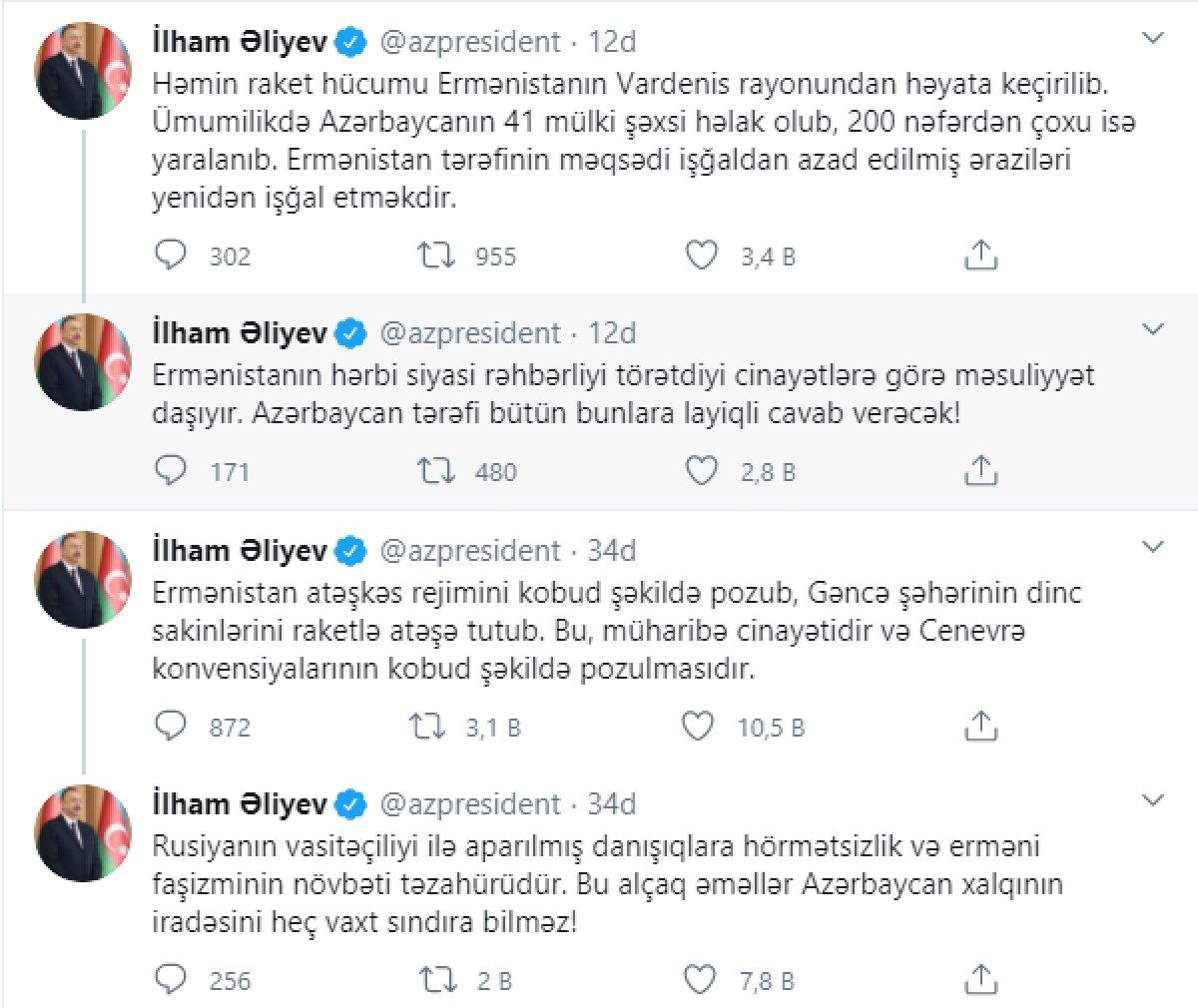 Azerbaycan Cumhurbaşkanı Aliyev: Azerbaycan tüm bunlara layıkıyla cevap verecek