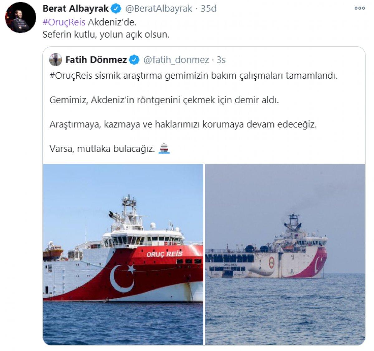Berat Albayrak'tan 'Oruç Reis' paylaşımı
