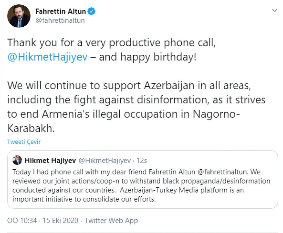 İletişim Başkanı Fahrettin Altun, Azerbaycan Cumhurbaşkanı Yardımcısı Hikmet Hacıyev ile görüştü