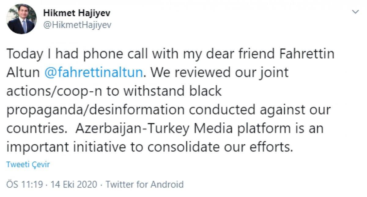 İletişim Başkanı Fahrettin Altun, Azerbaycan Cumhurbaşkanı Yardımcısı Hikmet Hacıyev ile görüştü