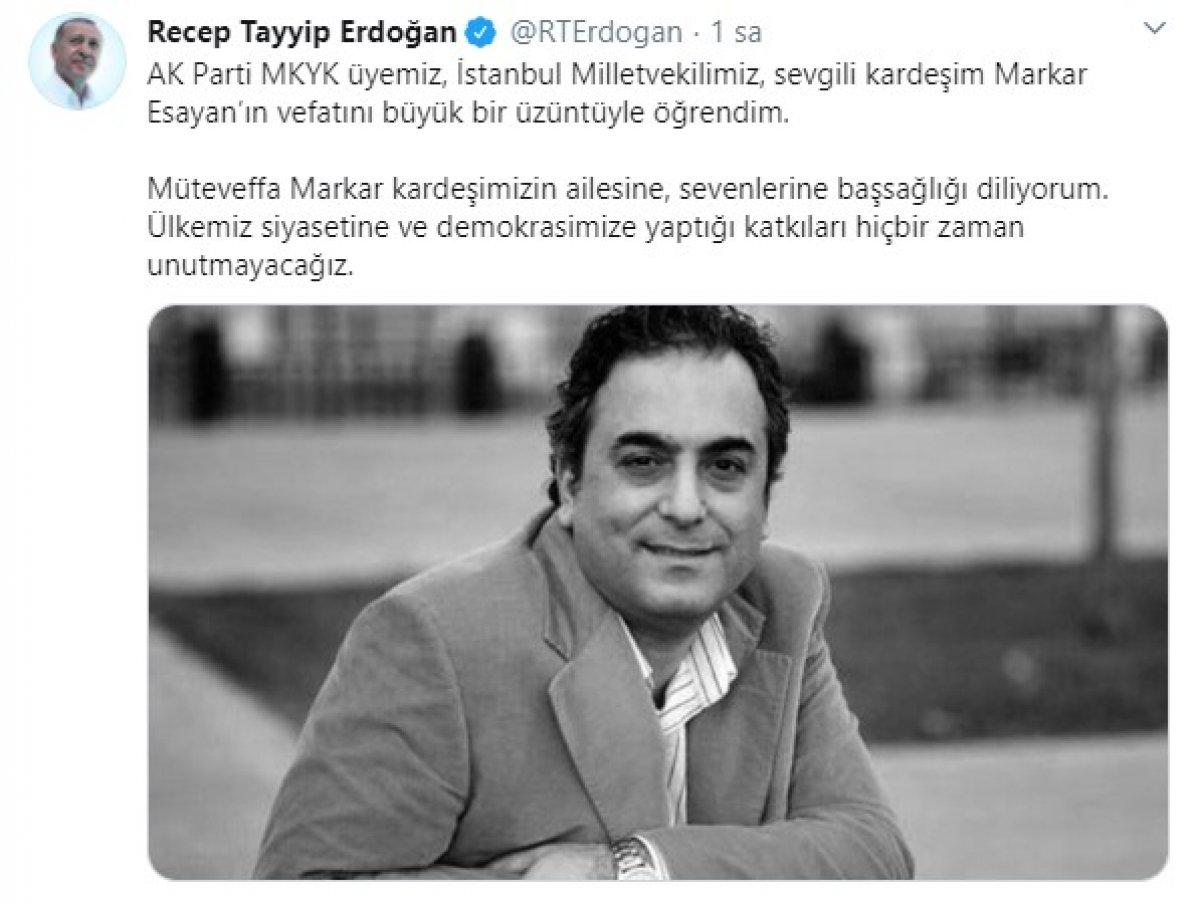 Cumhurbaşkanı Erdoğan'dan, Markar Esayan için başsağlığı mesajı