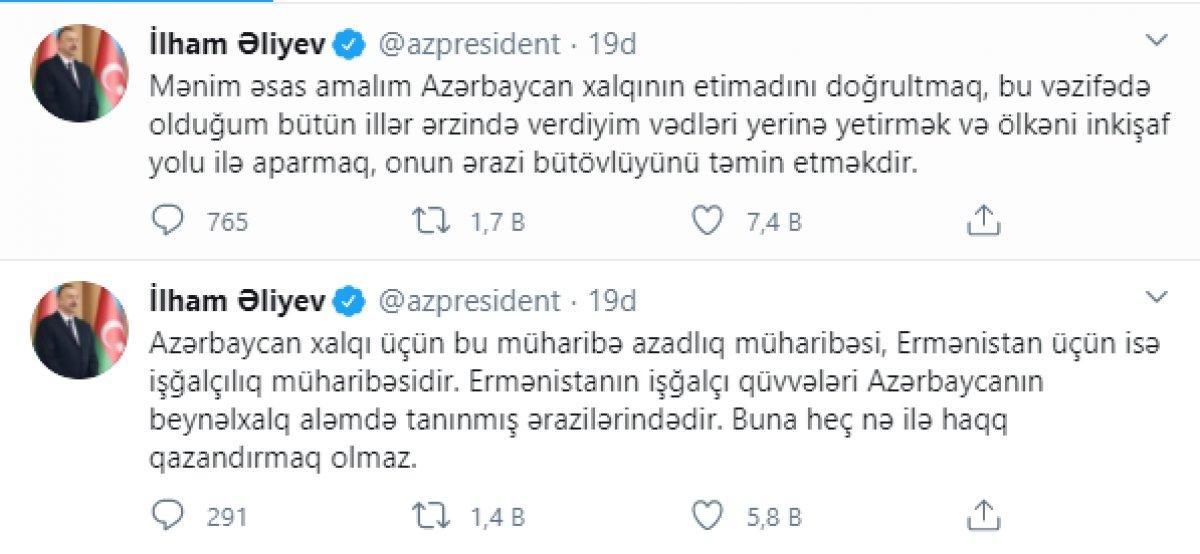 Azerbaycan Cumhurbaşkanı İlham Aliyev: Halkımız için bu bir özgürlük savaşı