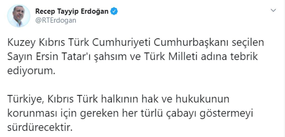 Cumhurbaşkanı Erdoğan, Ersin Tatar'ı tebrik etti