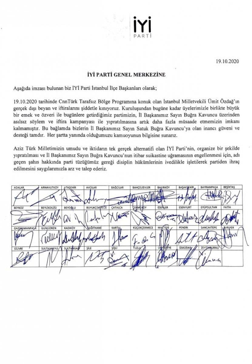 İyi Parti İstanbul ilçe başkanları, Ümit Özdağ'ın partiden ihraç edilmesini istedi