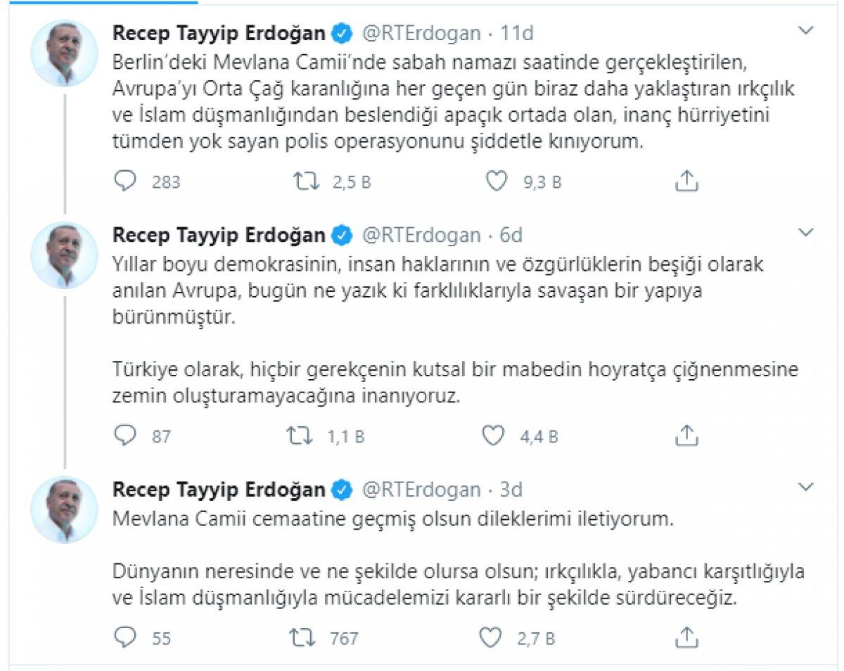 Cumhurbaşkanı Erdoğan: Berlin'deki polis operasyonunu şiddetle kınıyorum