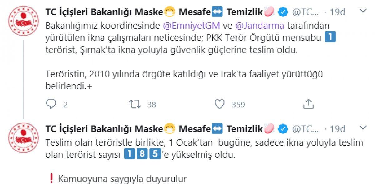 İçişleri Bakanlığı: Şırnak'ta 1 terörist teslim oldu
