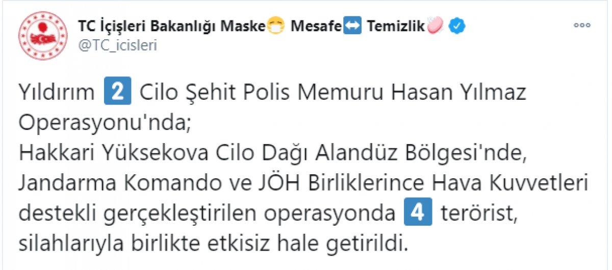 İçişleri Bakanlığı duyurdu: Hakkari'de 4 terörist öldürüldü