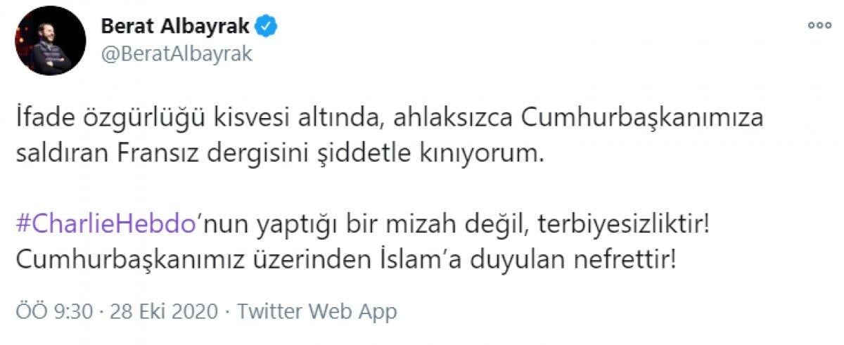 Berat Albayrak: Cumhurbaşkanımıza saldıran Fransız dergisini kınıyorum