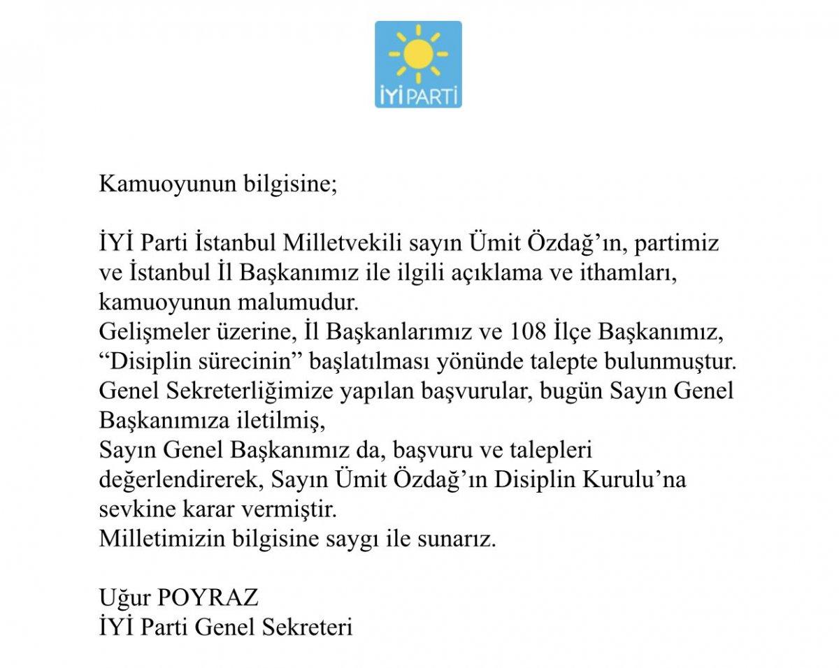 Ümit Özdağ disipline sevk edildi