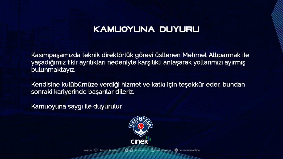 Kasımpaşa'da Mehmet Altıparmak dönemi sona erdi