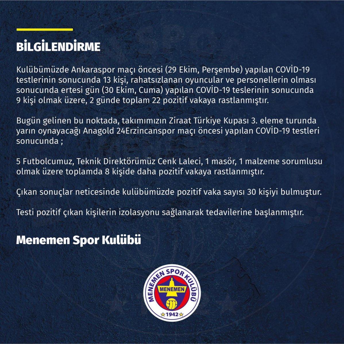 Menemenspor'da koronavirüs vakası sayısı 30 oldu