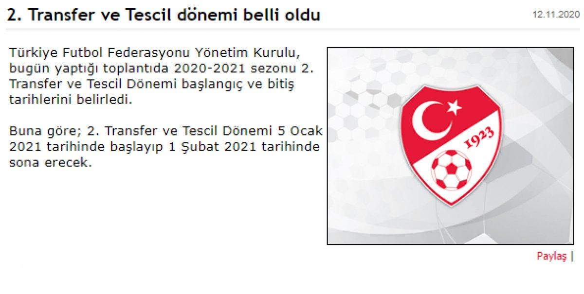 TFF: Ara transfer dönemi 5 Ocak'ta başlayacak
