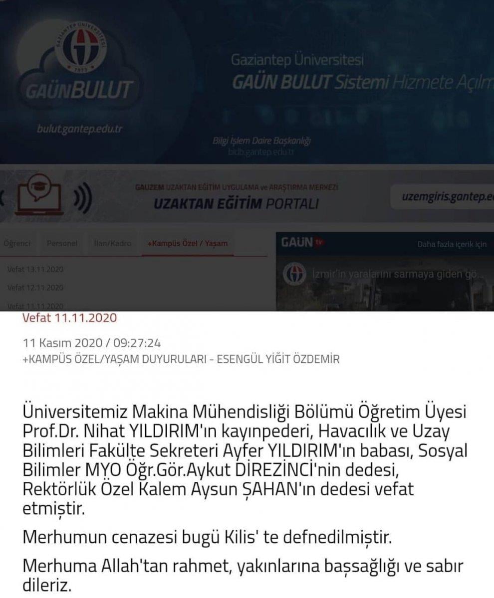 Gaziantep Üniversitesi'ndeki akraba ilişkileri vefat ilanıyla ortaya çıktı