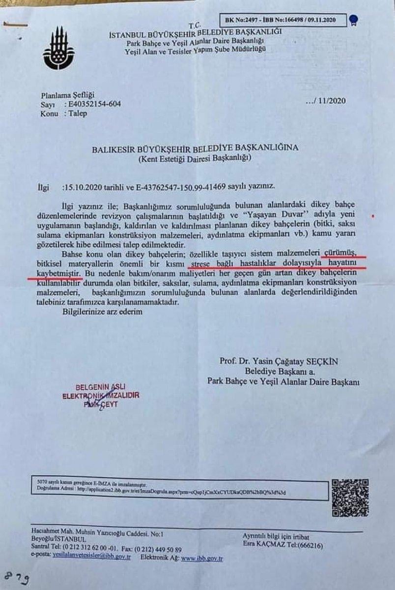 Balıkesir’in ‘dikey bahçe’ talebine İBB’den, ‘stres nedeniyle hayatını kaybettiler’ cevabı