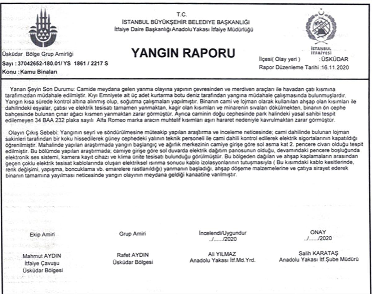 Vaniköy Camii yangınında itfaiye raporu açıklandı