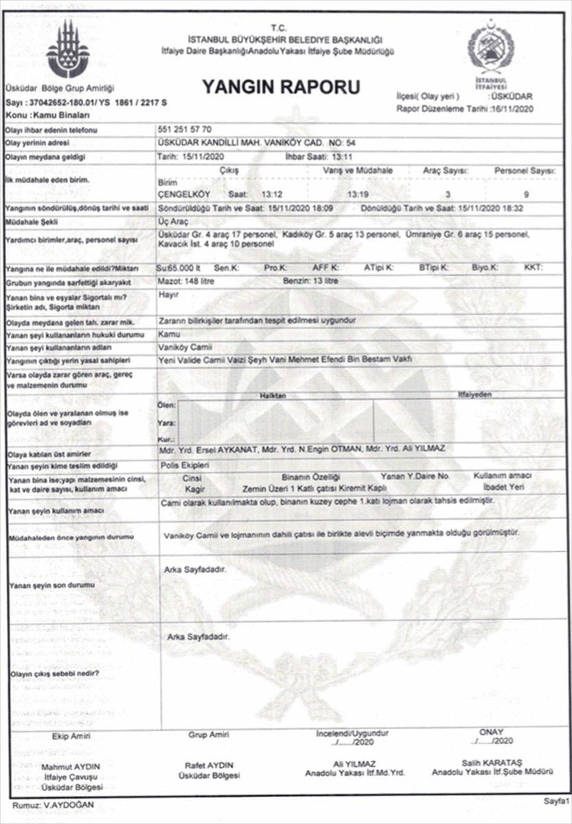 Vaniköy Camii yangınında itfaiye raporu açıklandı