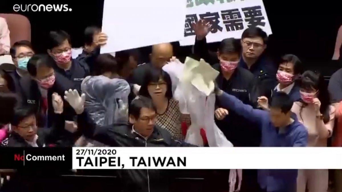 Tayvan Parlamentosu'nda üyeler birbirine girdi: Domuz bağırsaklı kavga