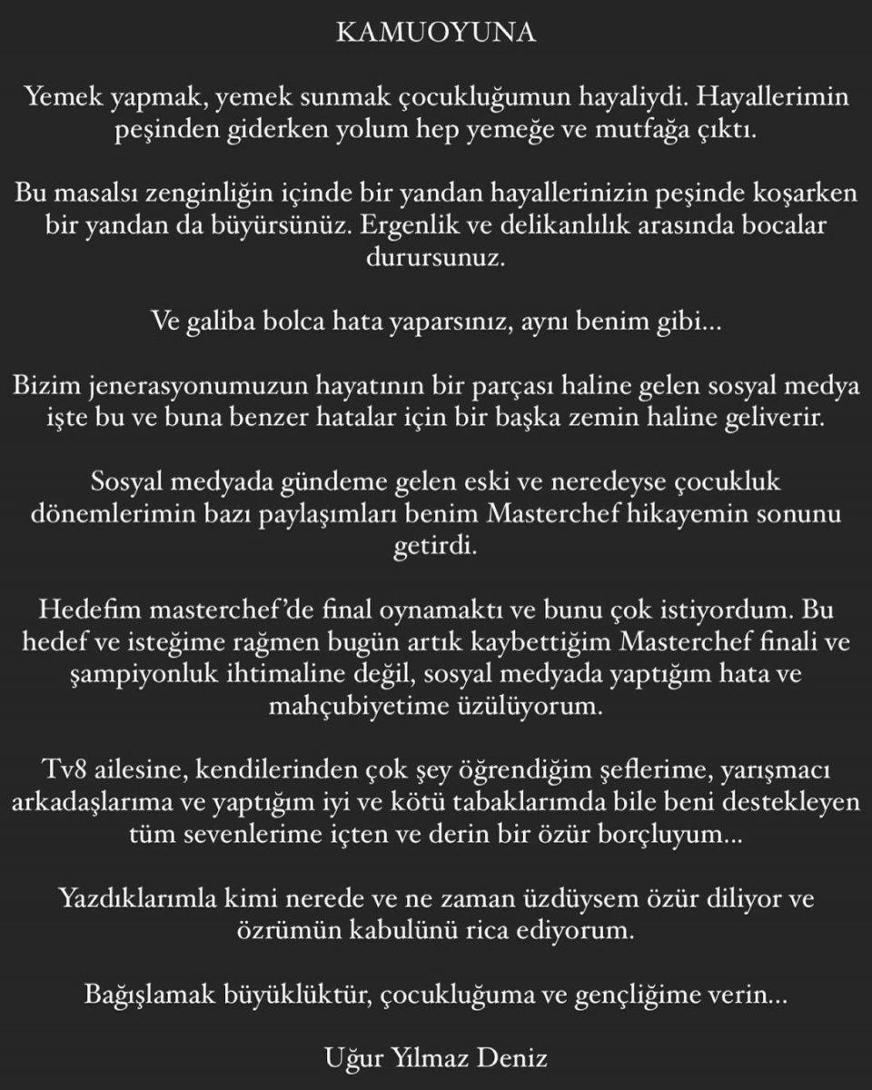 MasterChef'ten diskalifiye olan Uğur, özür diledi