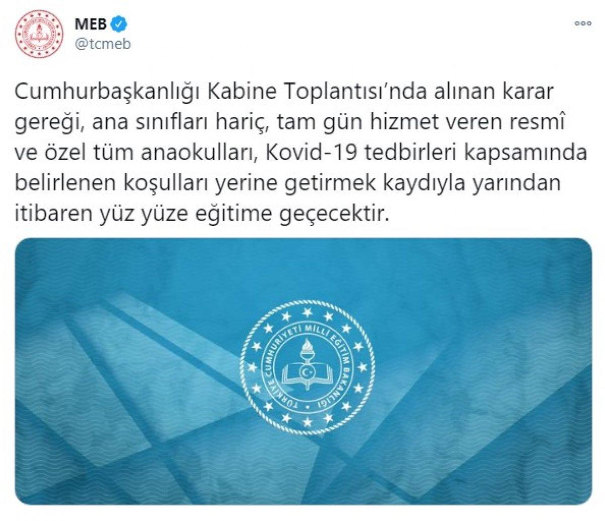 MEB: Anaokullarında yarından itibaren yüz yüze eğitime geçilecek