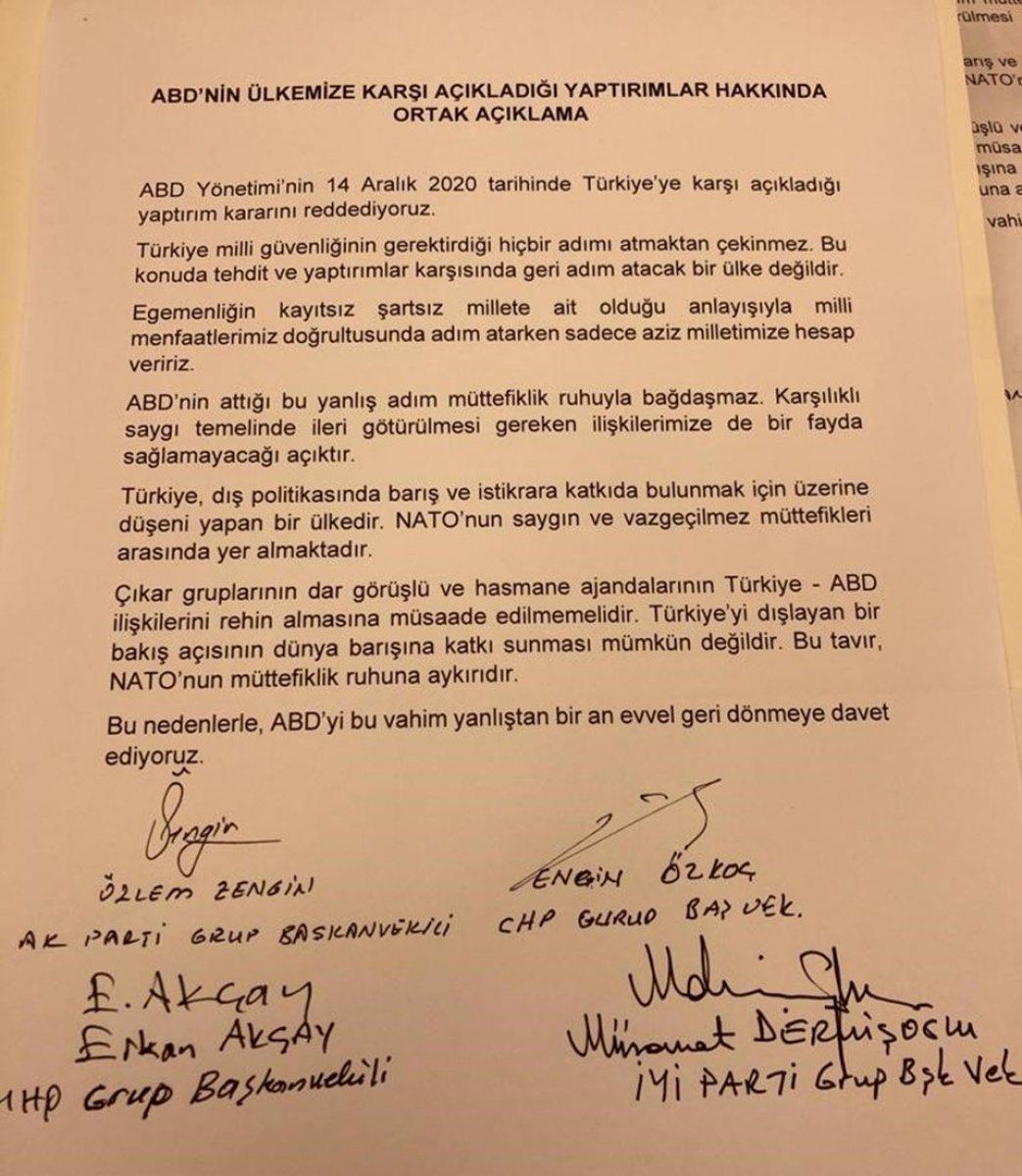 4 siyasi partiden ABD yaptırımı için ortak bildiri