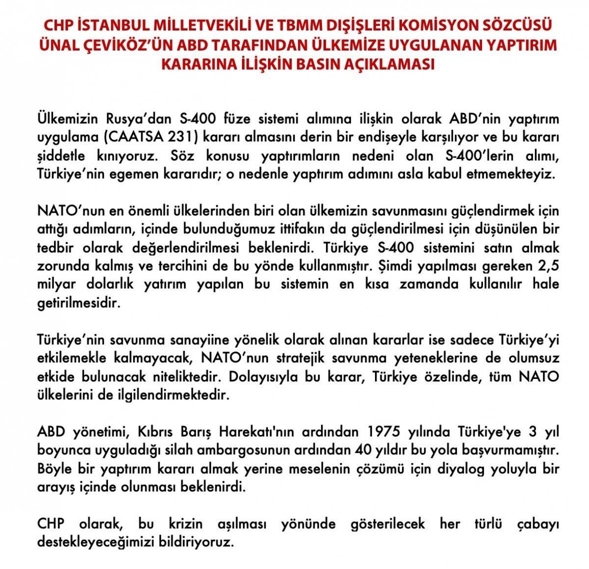 CHP’den ABD’nin yaptırım kararına tepki