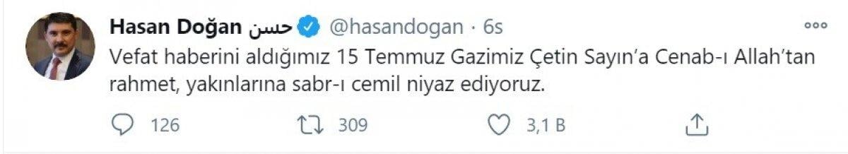15 Temmuz gazisi Çetin Sayın, koronavirüs nedeniyle hayatını kaybetti