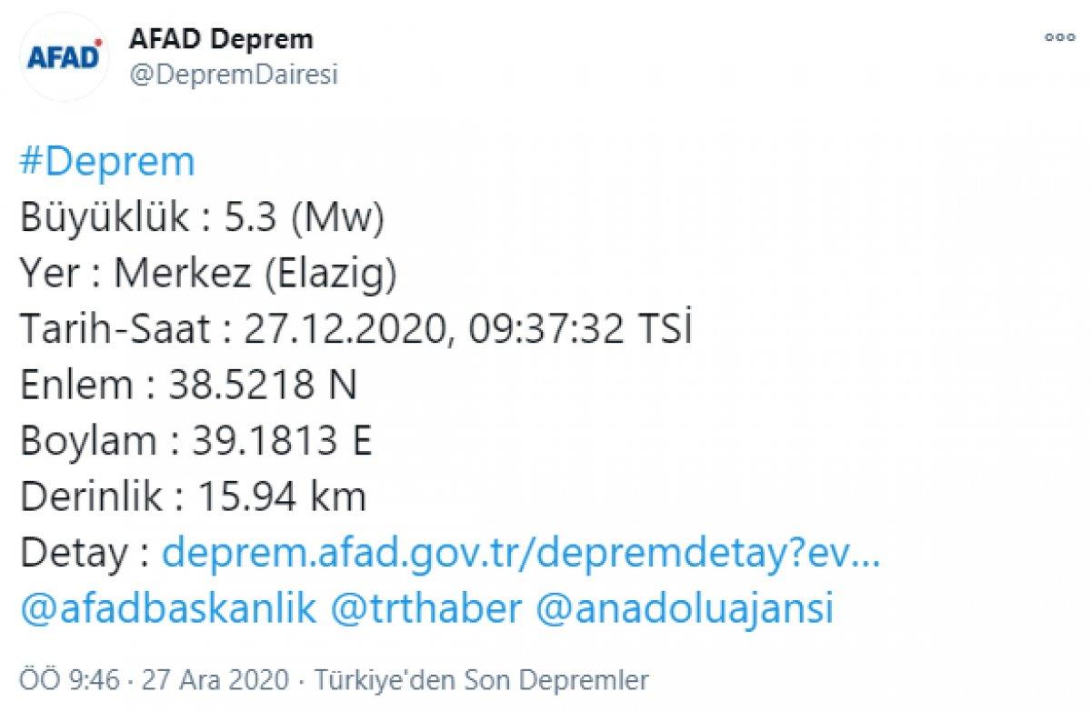 Elazığ'da 5.3 büyüklüğünde deprem