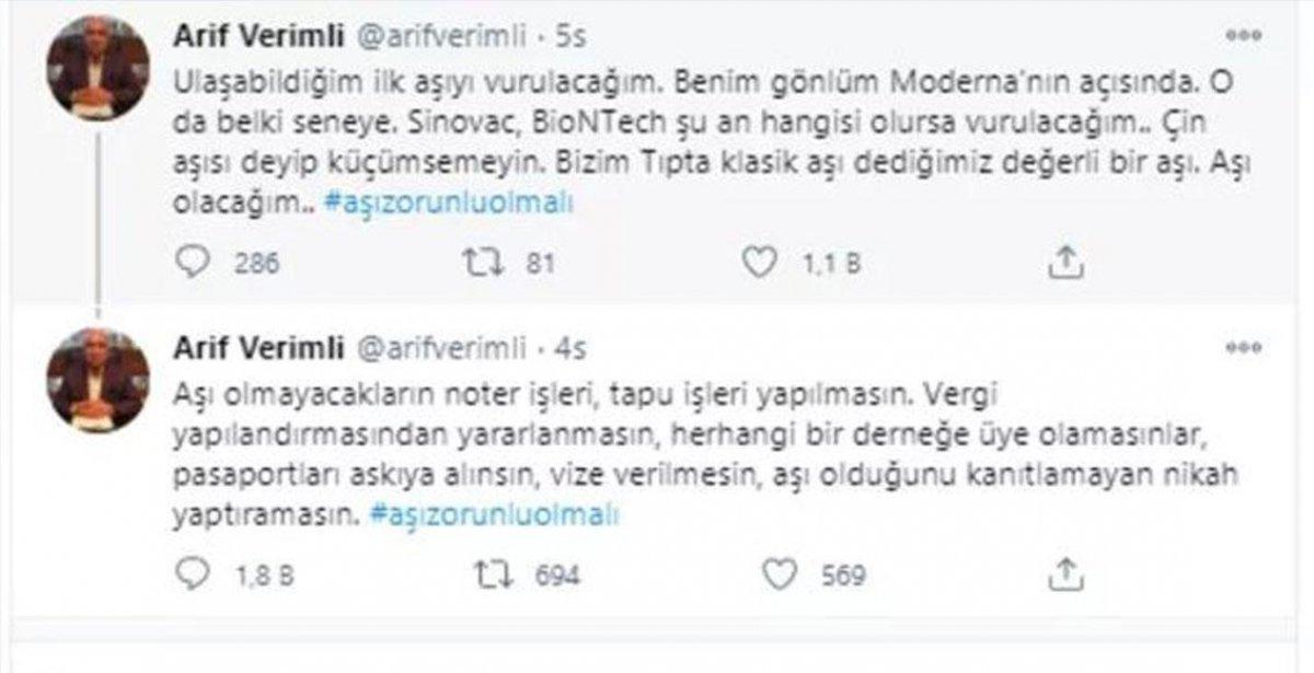Arif Verimli'den korona aşısı olmak istemeyenlere tepki