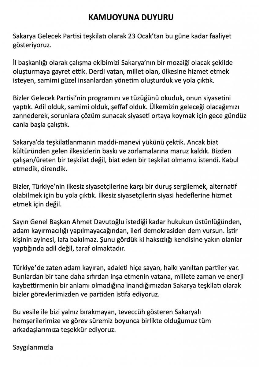 Gelecek Partisi’nin Sakarya İl Teşkilatı'nda toplu istifa