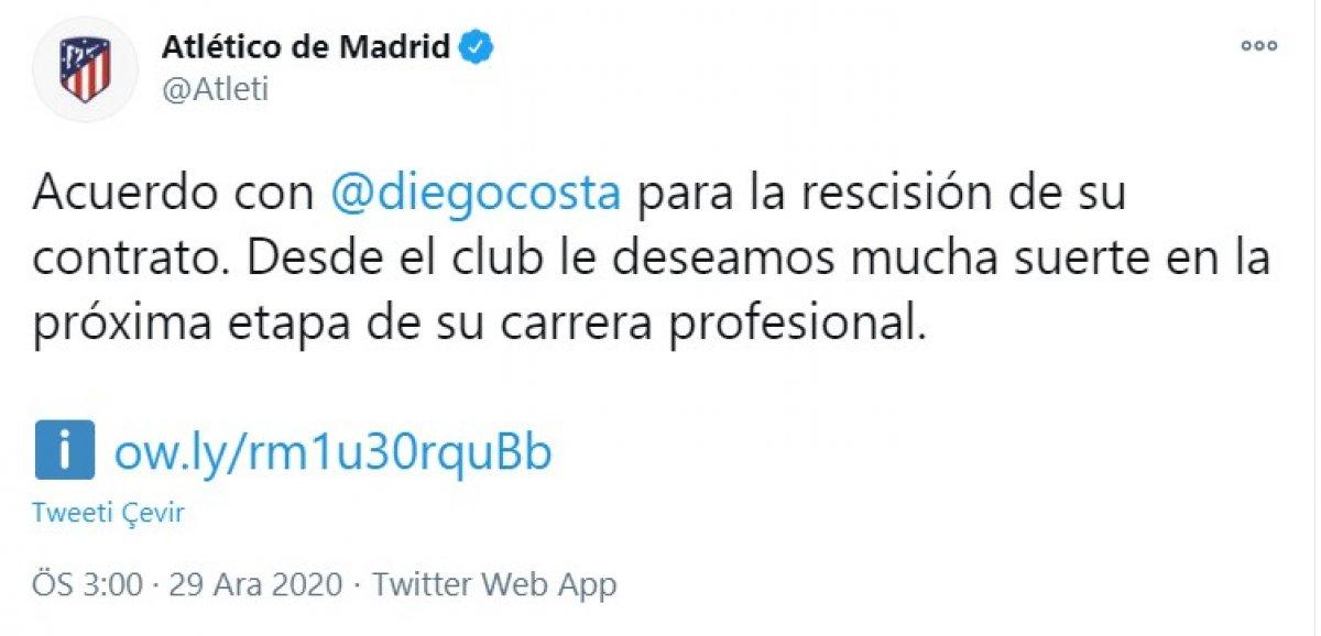 Atletico Madrid, Diego Costa'nın sözleşmesini feshetti