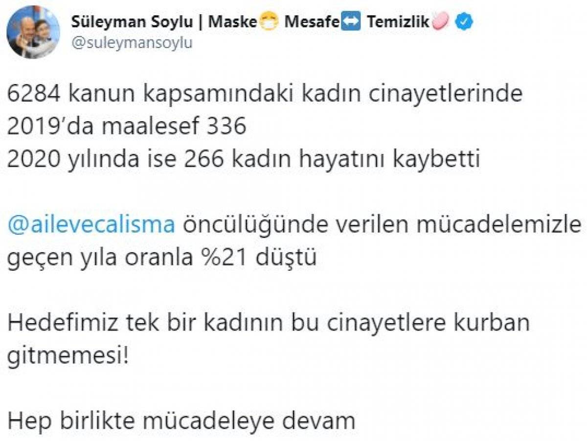 Süleyman Soylu: Kadın cinayetleri yüzde 21 azaldı