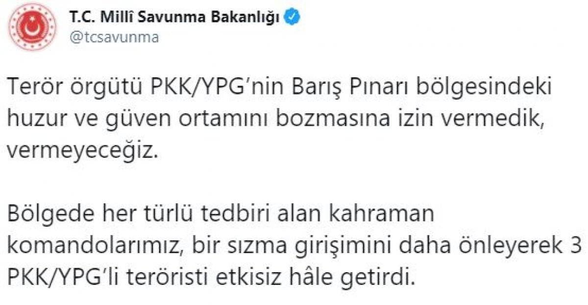 Barış Pınarı bölgesinde 3 terörist etkisiz hale getirildi