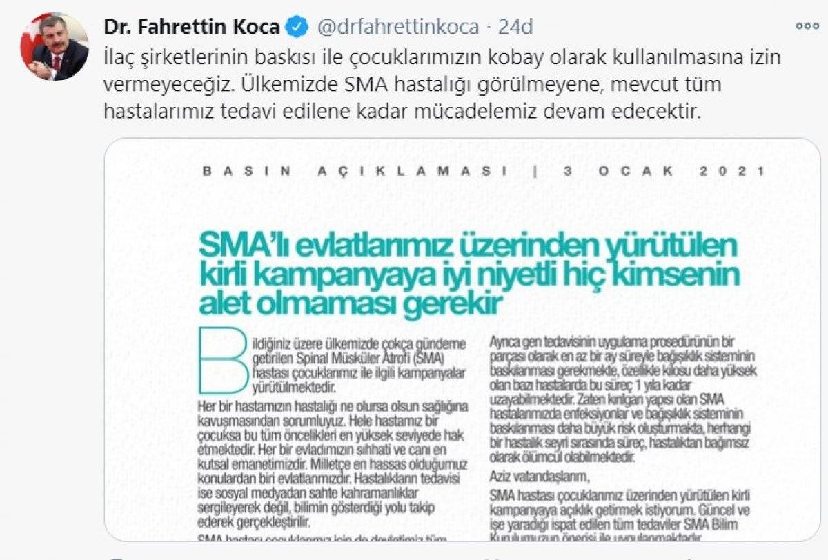 Bakan Koca'dan SMA hastası çocuklarla ilgili açıklama