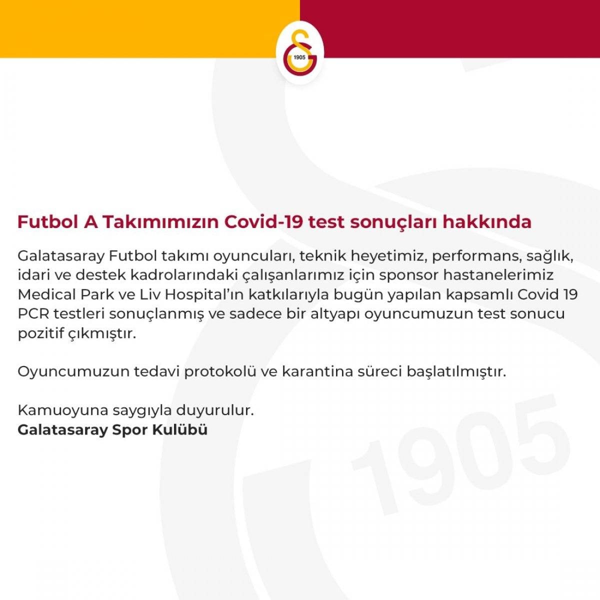 Galatasaray'da 1 altyapı futbolcusunun testi pozitif