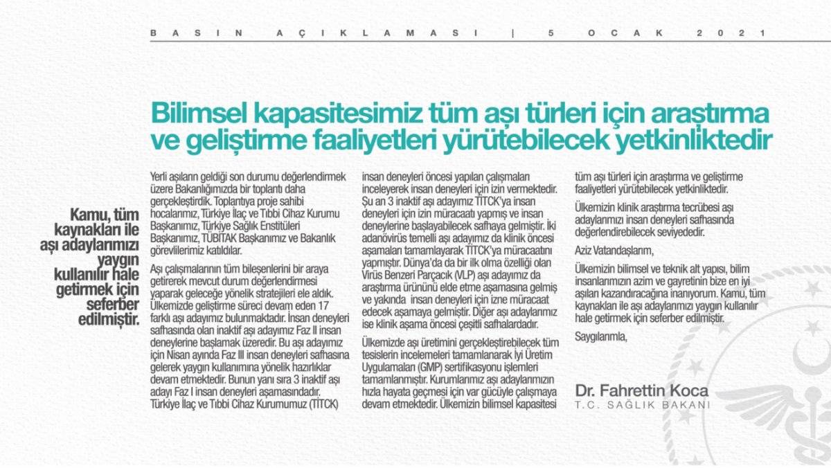 Bakan Koca: 3 inaktif aşı adayımız, insan deneylerine başlayabilecek safhaya gelmiştir